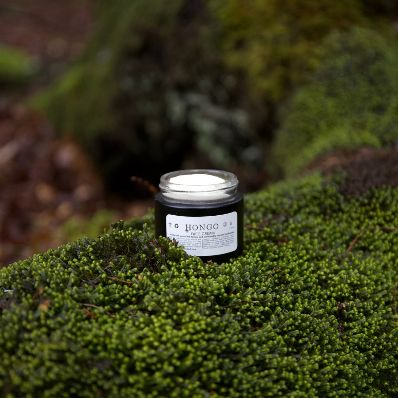 Hongo Skin jar of skincare cream placed on lush green moss in the forest, representing the Hongo Brand commitment to sustainability and natural ingredients sourced from organic and regenerative farms.