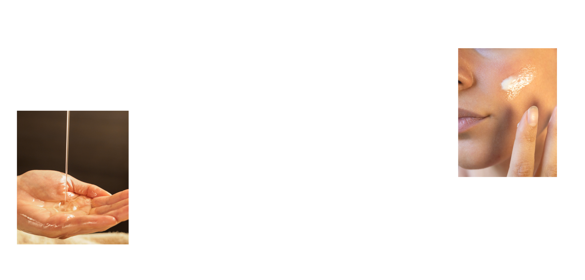 Hand catching a stream of cleansing oil, purity and natural sourcing of Hongo Skin's nature based skincare products. 

Close-up of a woman with smooth, healthy, glowing skin applying Hongo Skin mushroom-powered cream to her cheek, showing the nourishing and thoughtfully created skincare formula. 